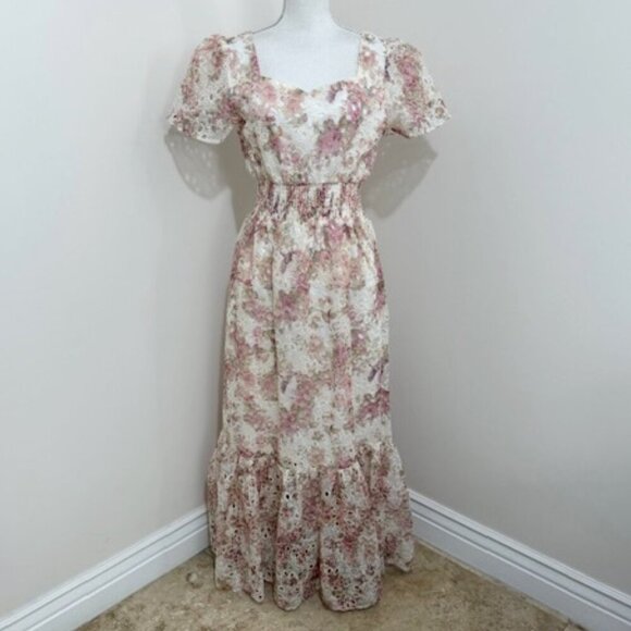 Solitaire Floral Pastel Maxi Dress Embroidered Eyelet Lace Romantic Boho Size M - Picture 1 of 8